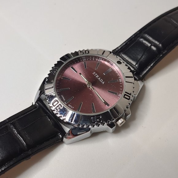 Silver Tone And Pink Strada Watch With Black Band - Picture 1 of 8